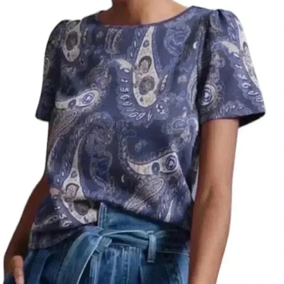 ANTHROPOLOGIE DEMETER Paisley Metallic Blue Short Sleeve Tee Shirt Blouse Size M - Picture 1 of 11
